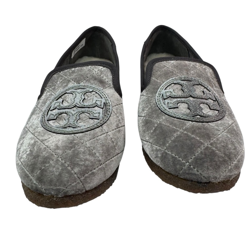 Tory Burch Billy Quilted Slipper Smart Velvet Metallic TB Logo Grey Pewter 7 - Picture 3 of 7